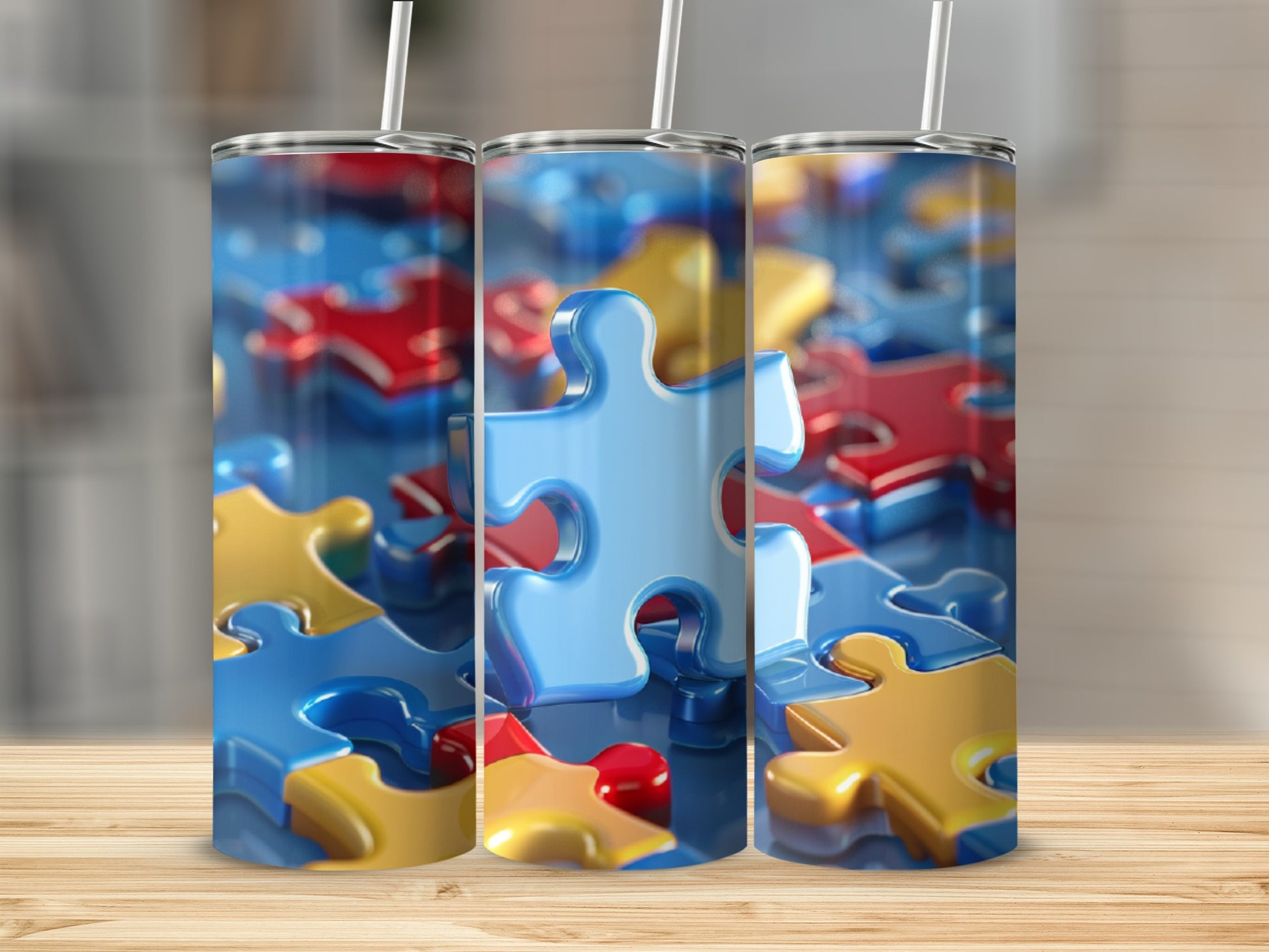 Three tumblers with a 3D puzzle piece pattern.