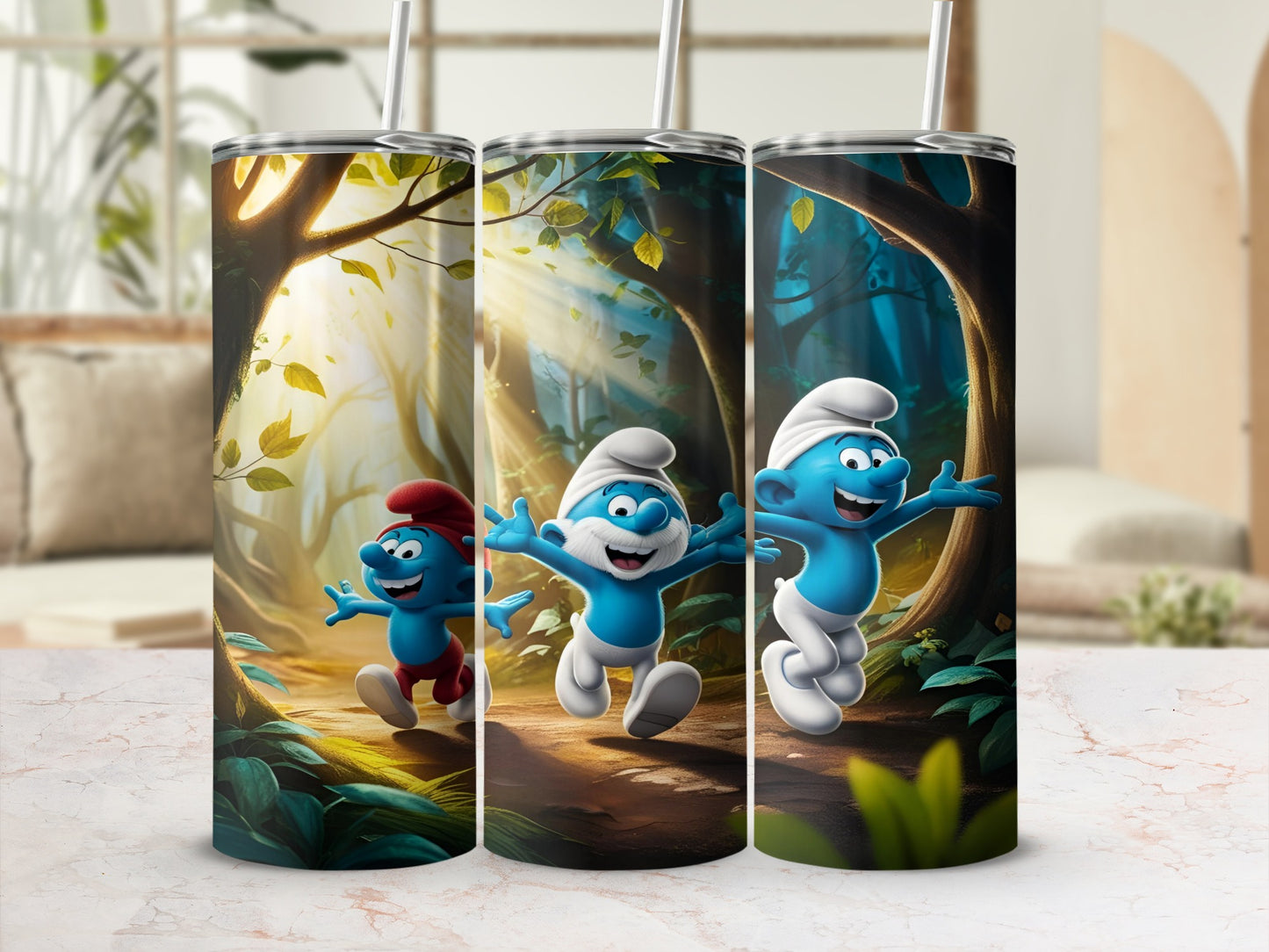 Three Smurfs running through a sunlit forest scene.