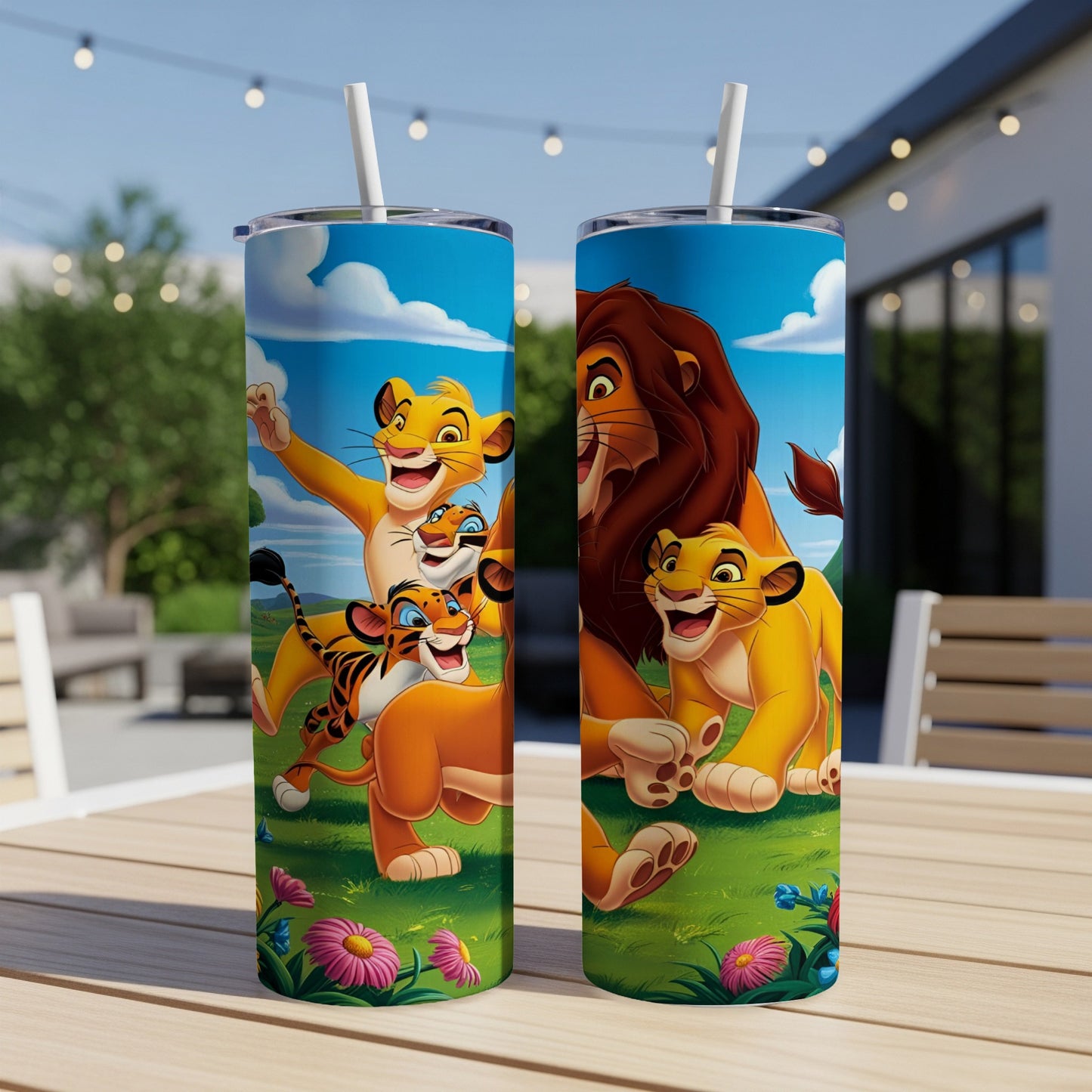 The Lion King characters Simba, Nala, and Mufasa on a green grassy background.