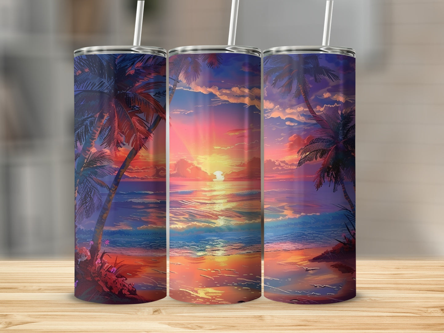 Three tumblers with a vibrant sunset beach scene and palm trees.