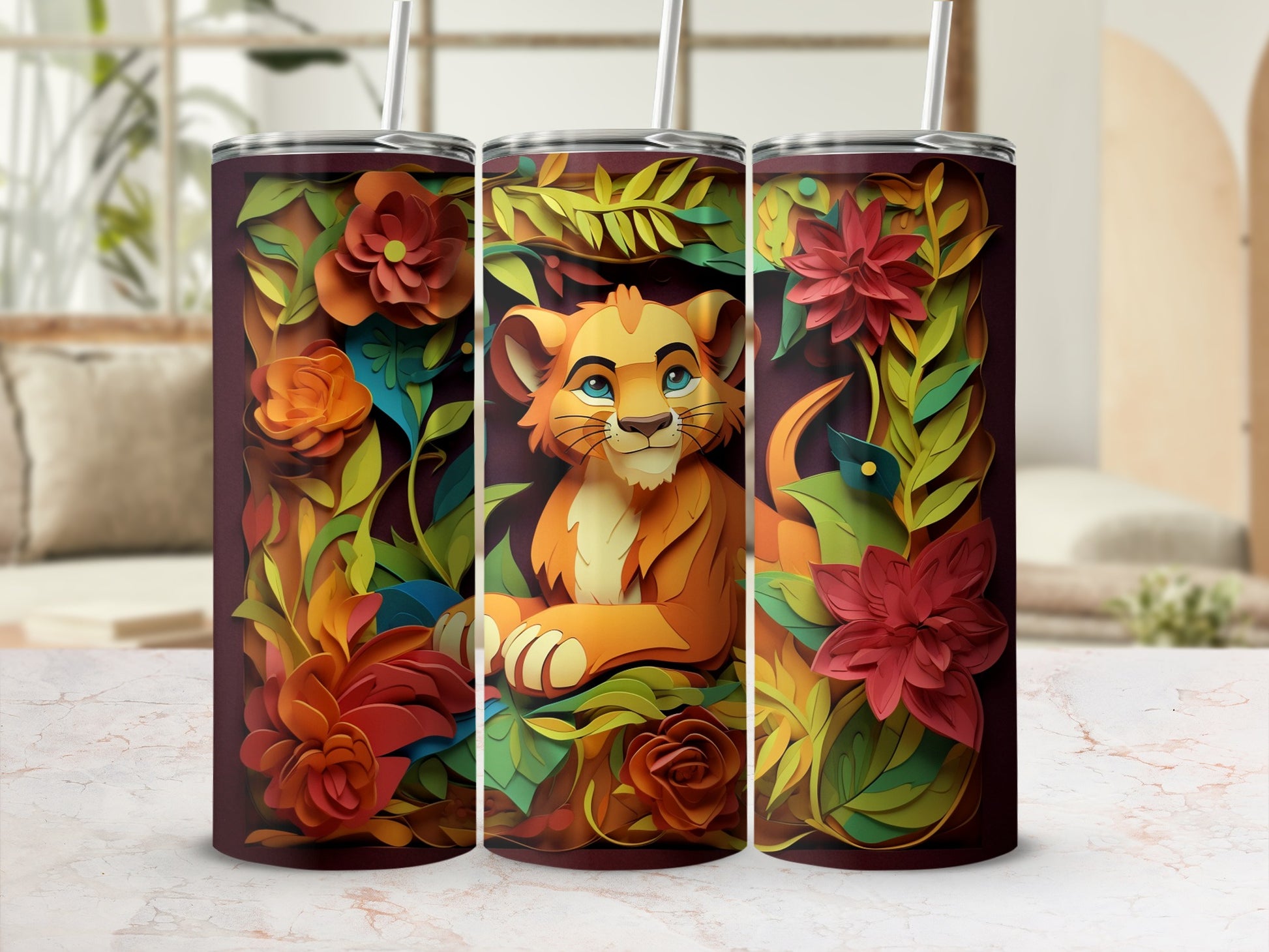 Vibrant Floral and Lion Design Insulated Tumbler