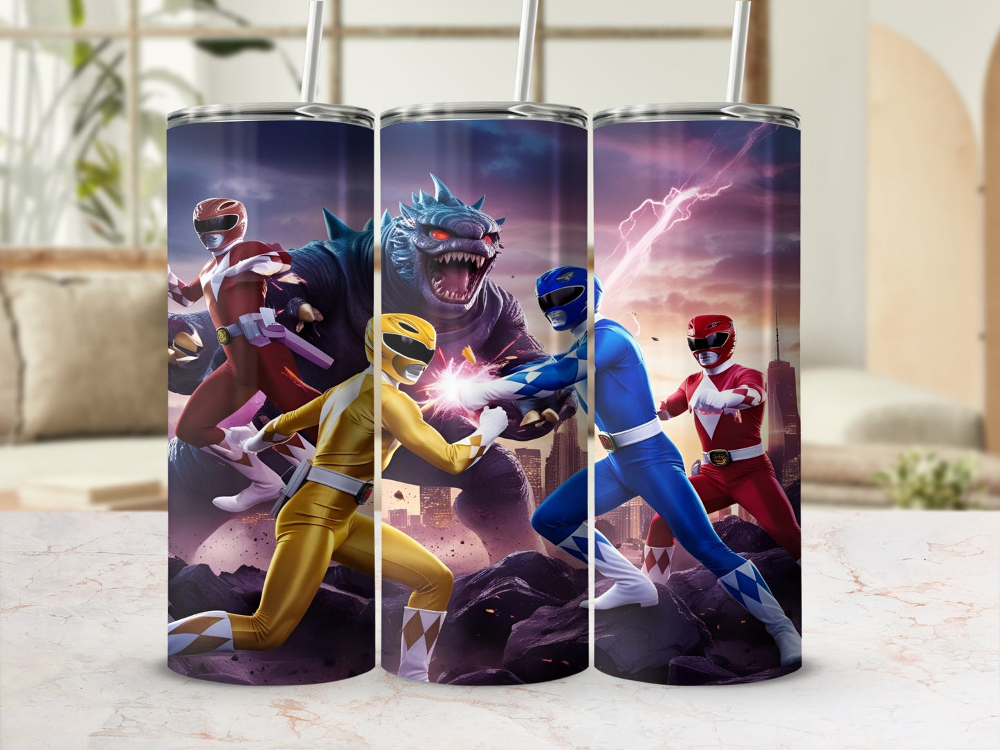 Power Rangers fighting a monster against a city skyline.