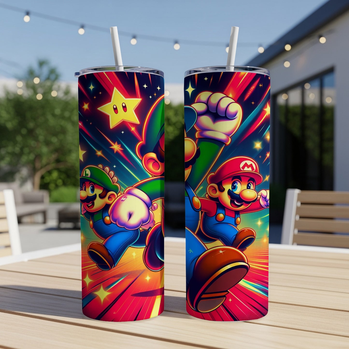 Mario and Luigi leaping with a Super Star, on a vibrant, star-filled background.