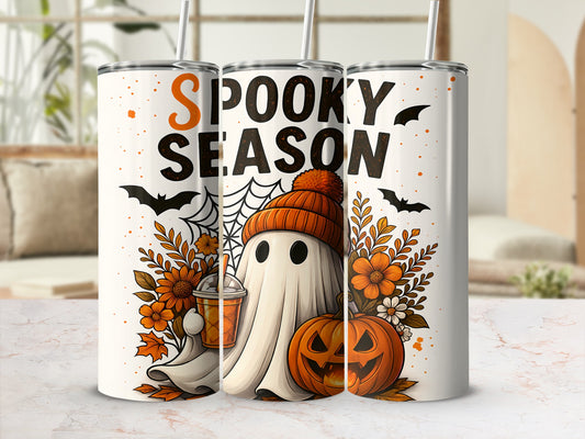 "Spooky Season" text on tumblers with ghosts, pumpkins, bats, and flowers.