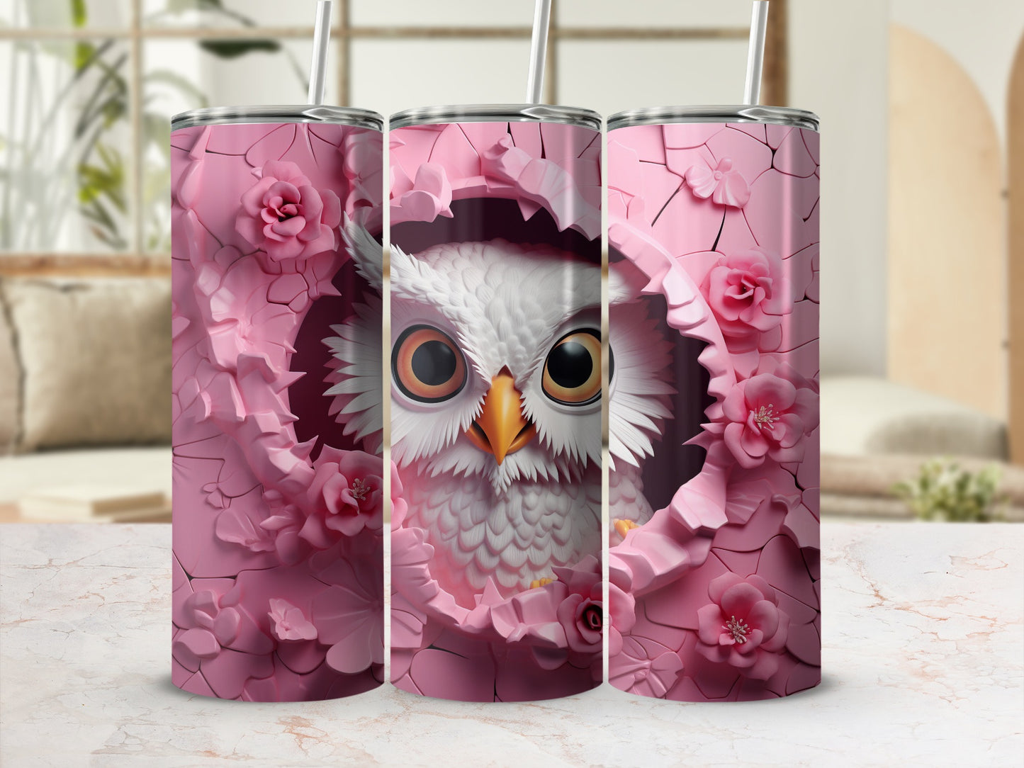 Pink Floral Cracked Owl Face Design Tumbler product type