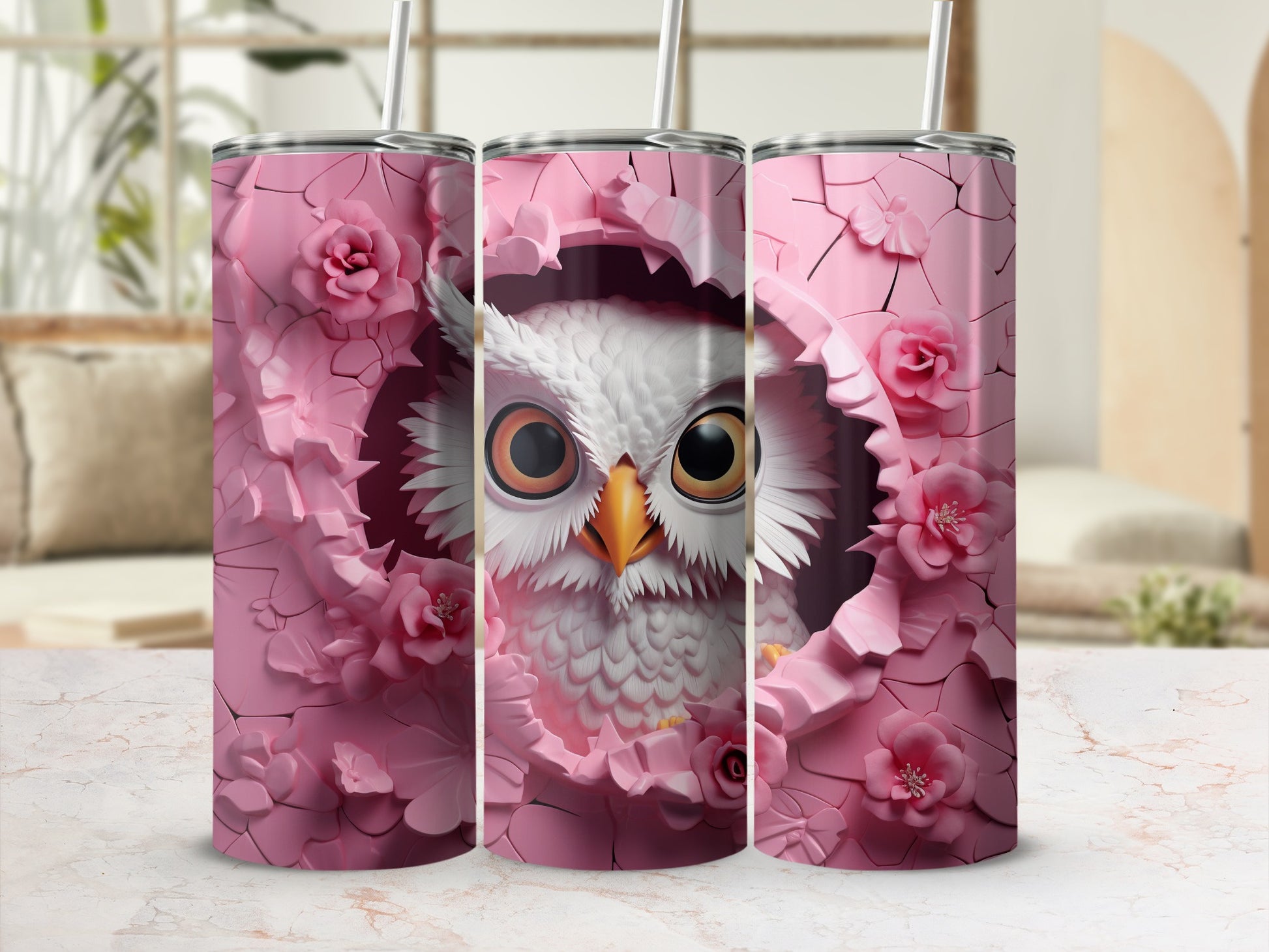 Pink Floral Cracked Owl Face Design Tumbler product type