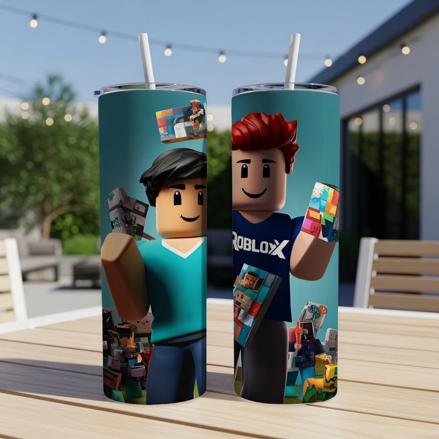 Roblox characters holding colorful cubes, on a plain blue background.