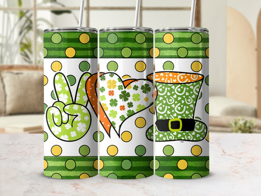 Three Saint Patrick's Day tumblers with peace sign, heart, and hat designs.