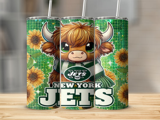 Cute highland cow with New York Jets scarf and sunflowers.