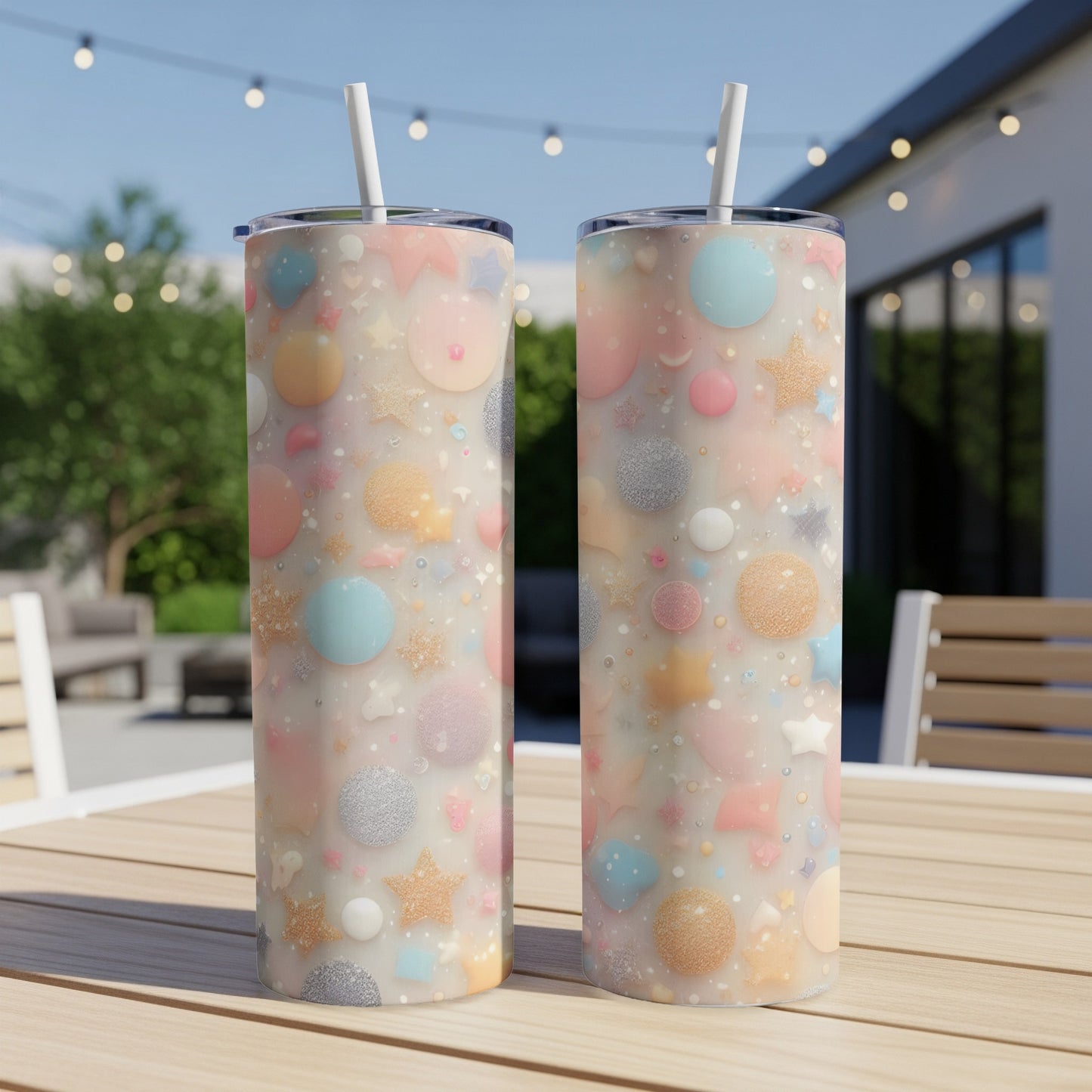 Two pastel tumblers with glitter stars and balloon patterns.