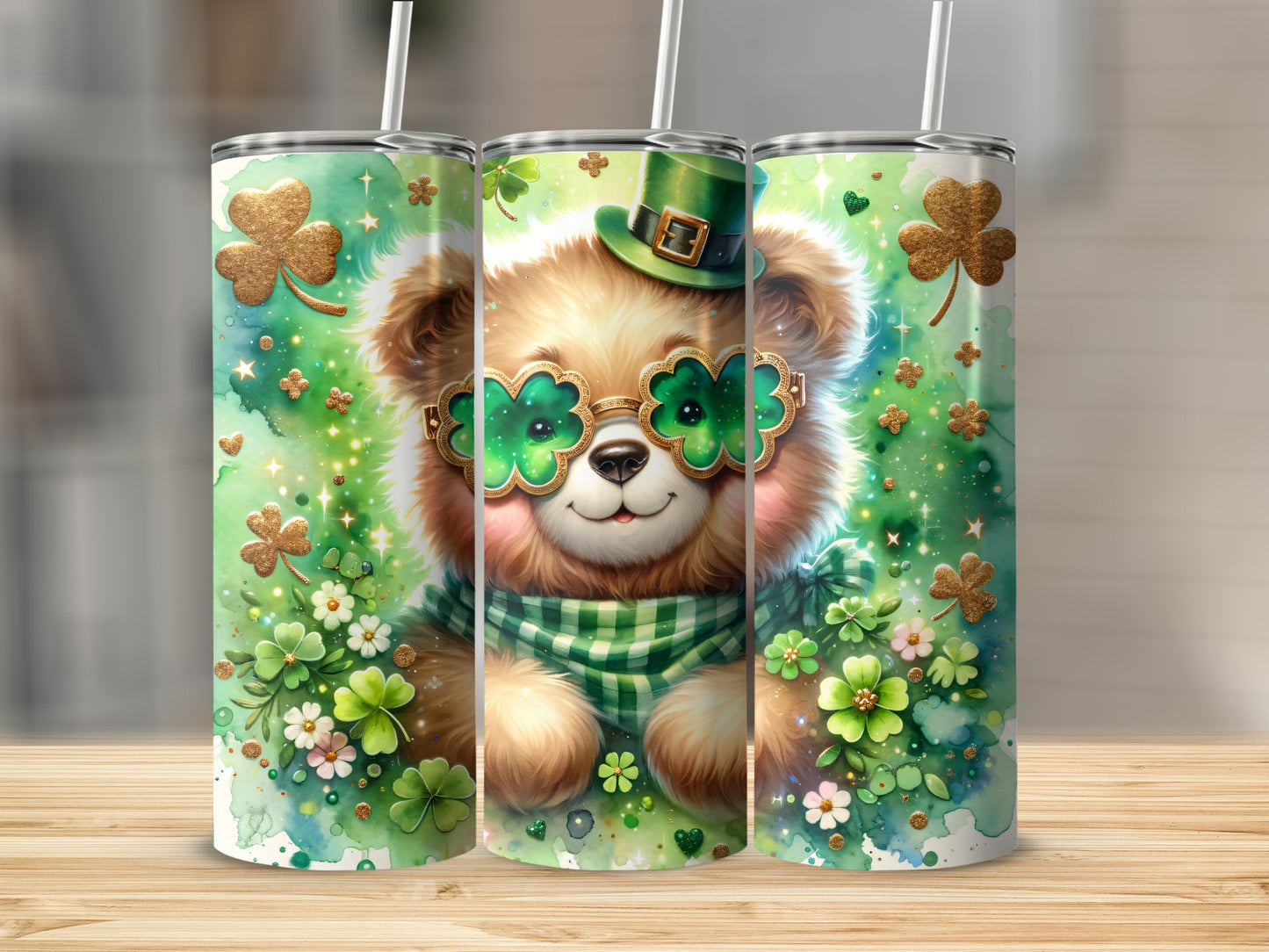 St. Patrick's Day bear wearing glasses and a hat with shamrocks.