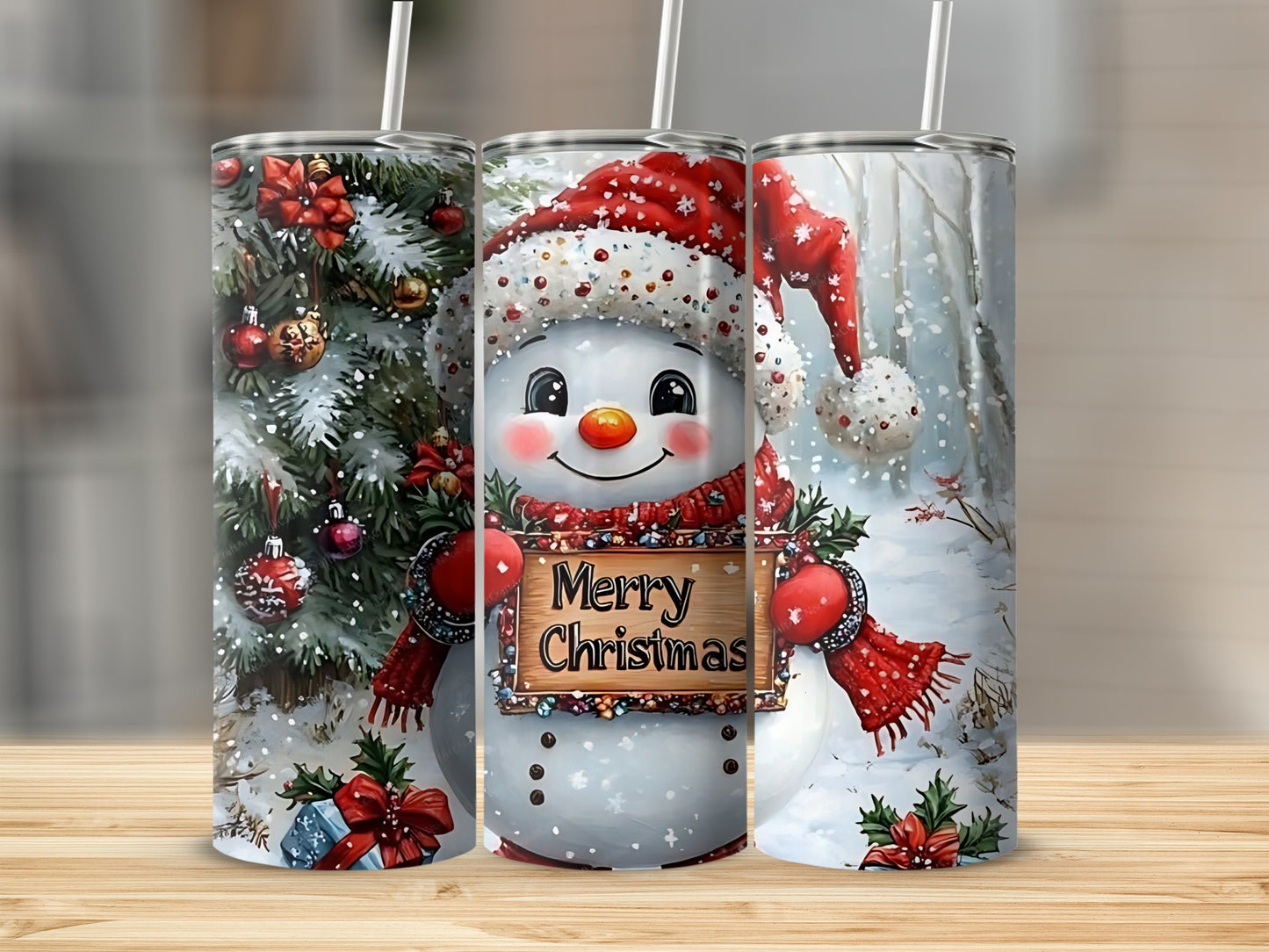Festive Snowman and Christmas Tree Design Tumbler