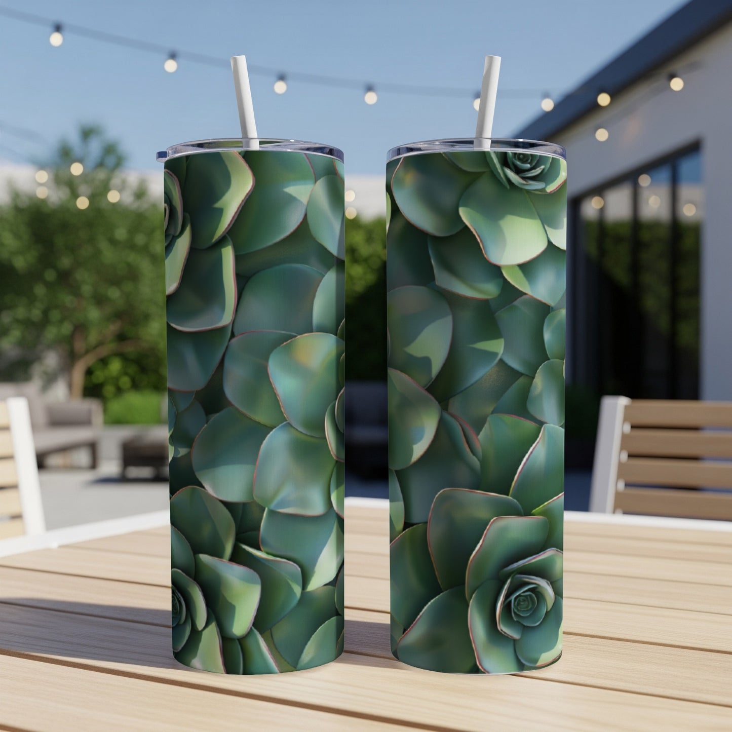 Two tall tumblers with a close-up succulent plant pattern.