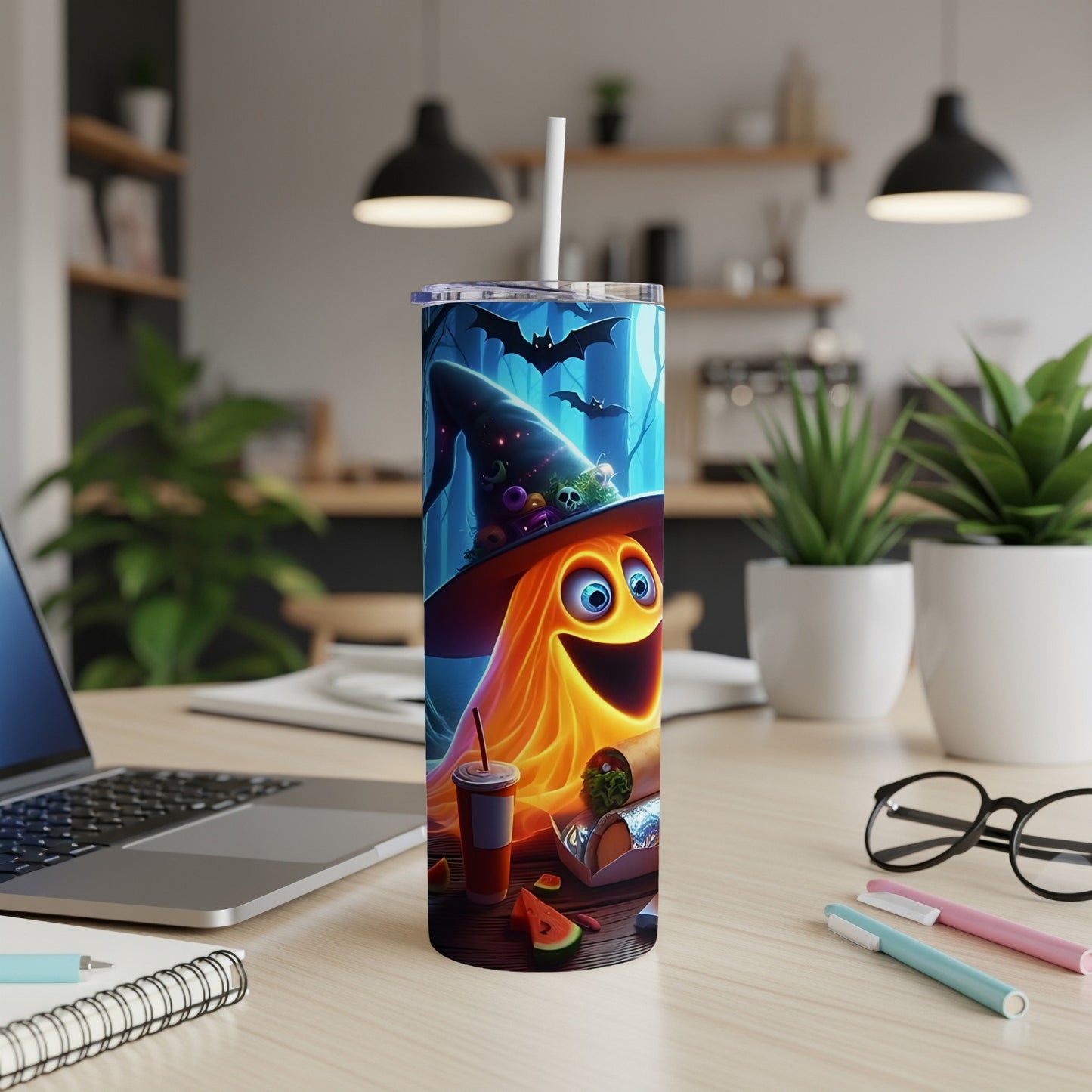 Halloween tumbler with a friendly ghost character, witch hat, and bats.