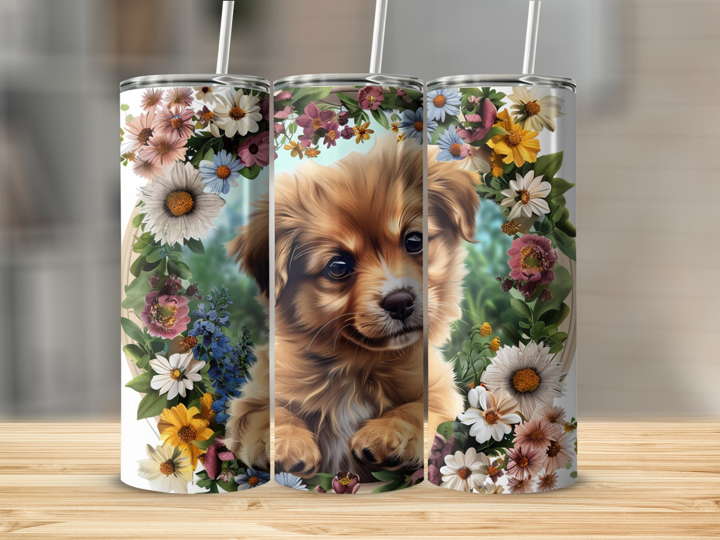 Three tumblers with a golden puppy surrounded by floral wreaths.