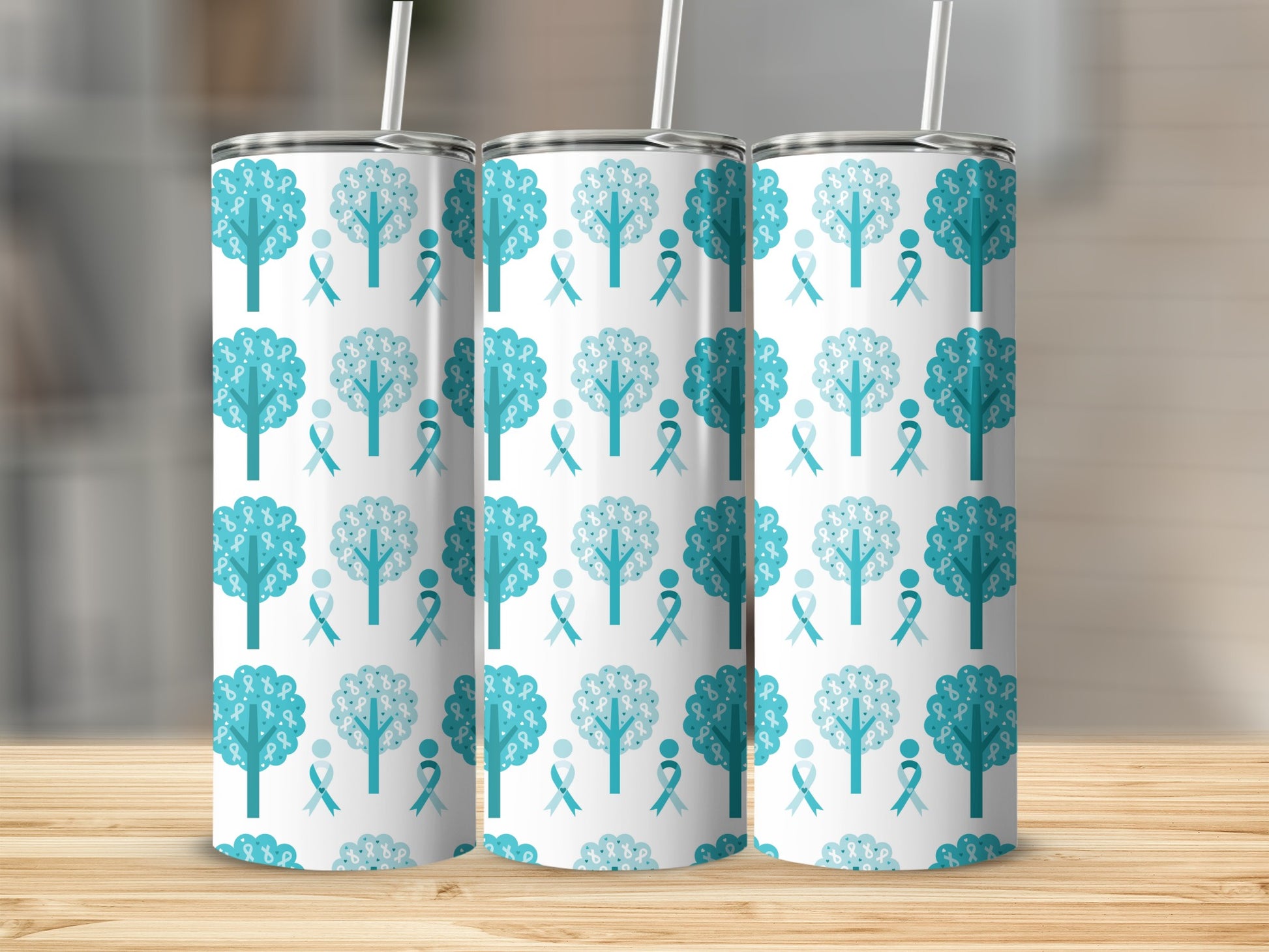 Teal Ribbon and Tree Pattern Tumbler 20oz product