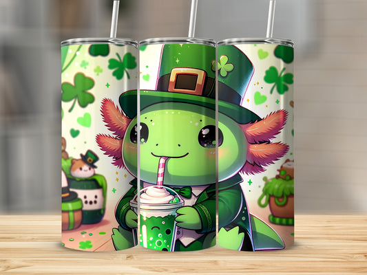 Cartoon axolotl in St. Patrick's Day attire holding a green drink.