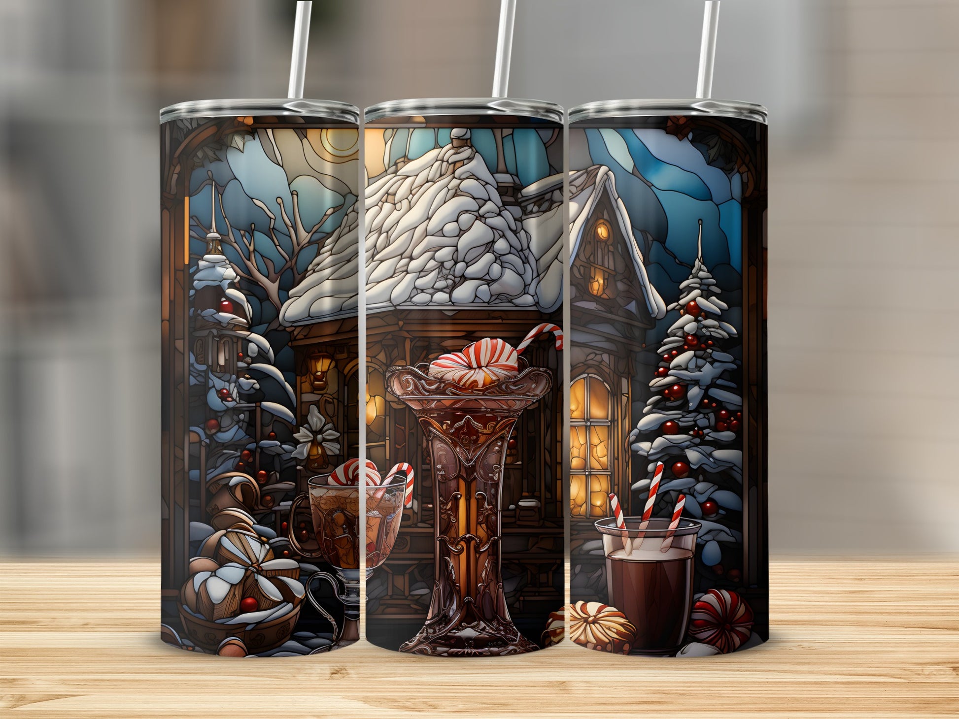 Winter holiday scene on tumblers with hot chocolate and candy canes.