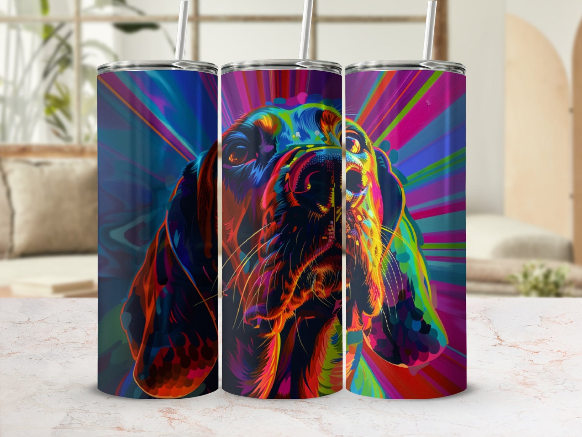 Colorful abstract dog portrait on three tumblers with straws.