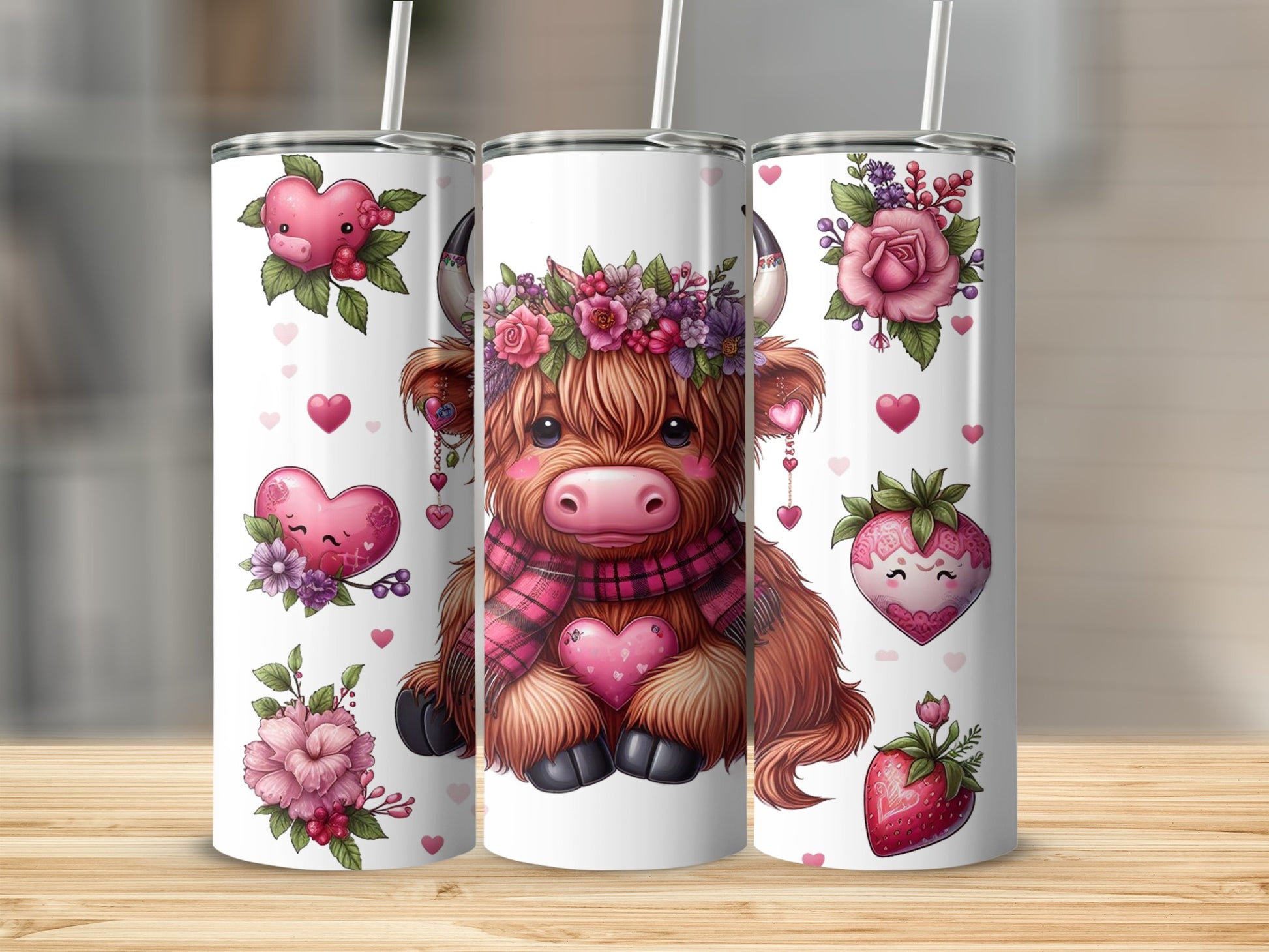 Cute cow wearing a flower crown and scarf, with hearts and strawberries.