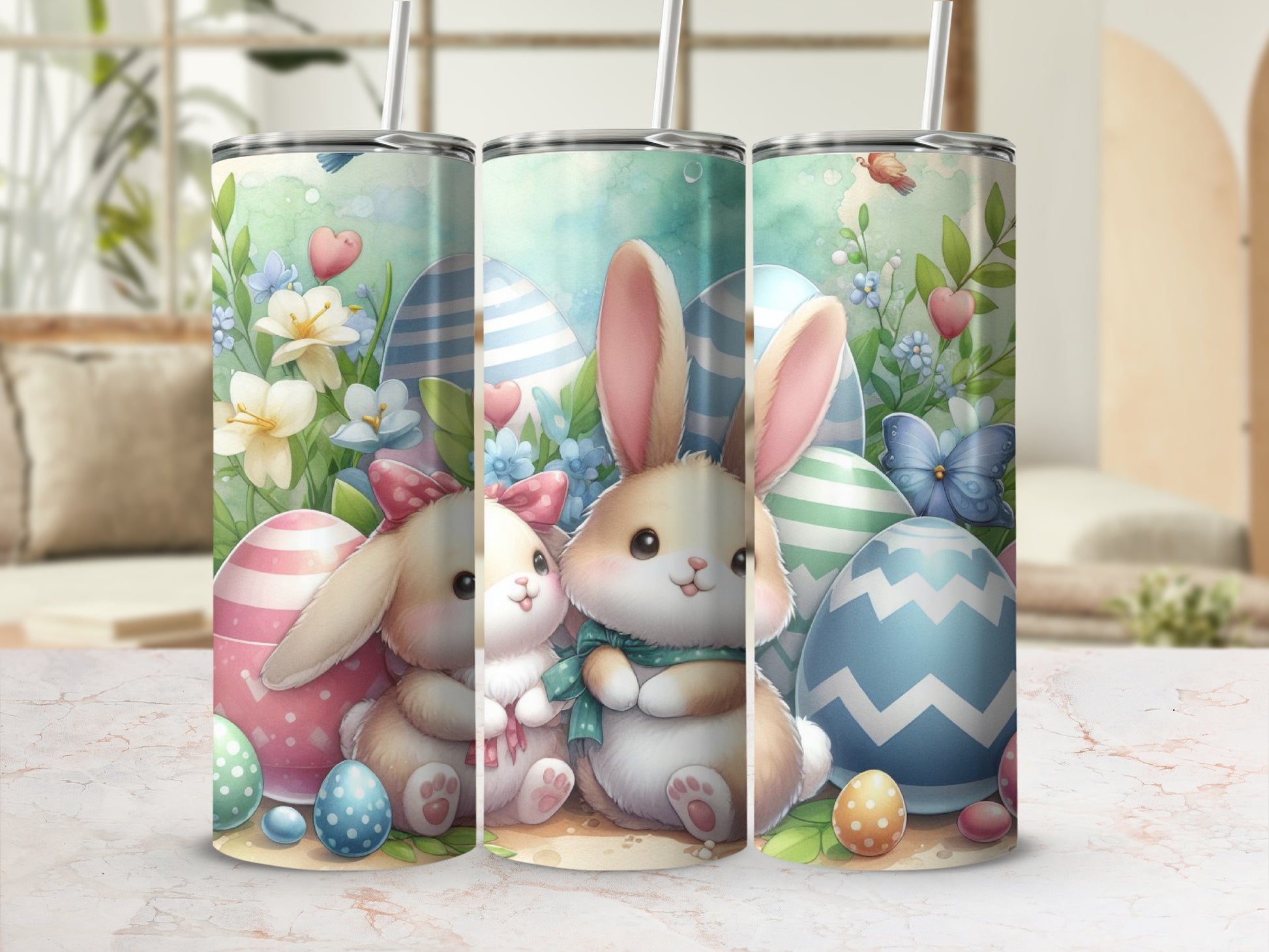 Easter bunnies and decorated eggs with floral accents on tumblers.