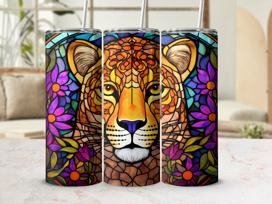 Jungle cat face with floral stained glass pattern on tumbler.
