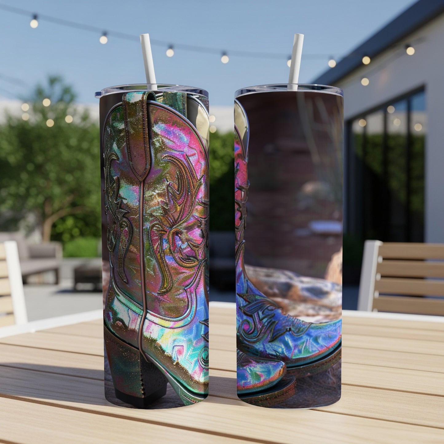 Two iridescent cowboy boots with ornate stitching on a wooden table.