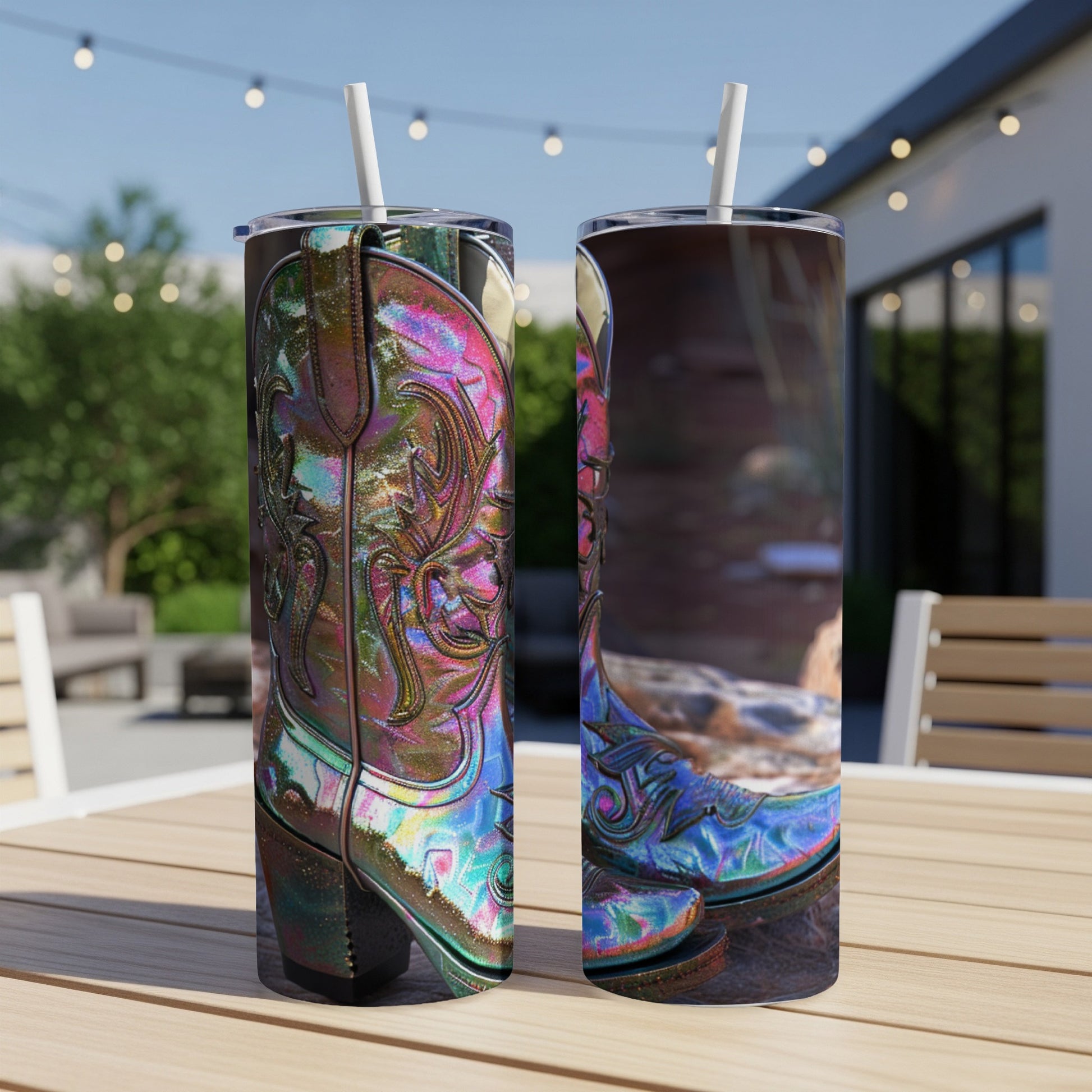 Two iridescent cowboy boots with ornate stitching on a wooden table.