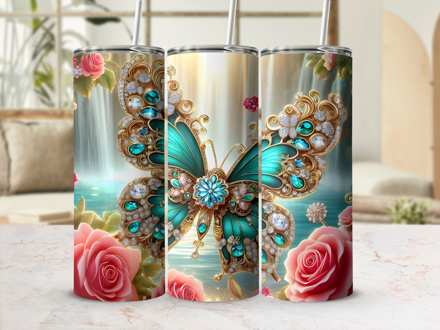 Glittering turquoise butterfly with jewels on floral waterfall background, three tumblers.