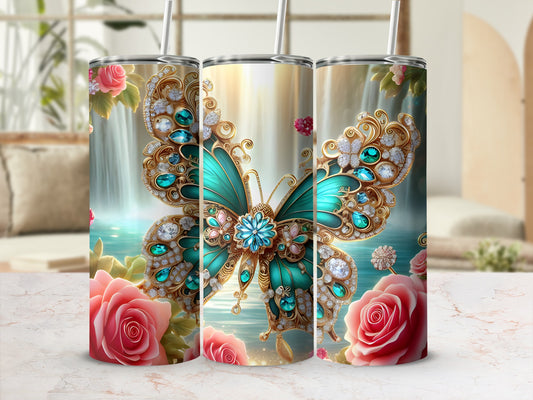 Glittering turquoise butterfly with jewels on floral waterfall background, three tumblers.