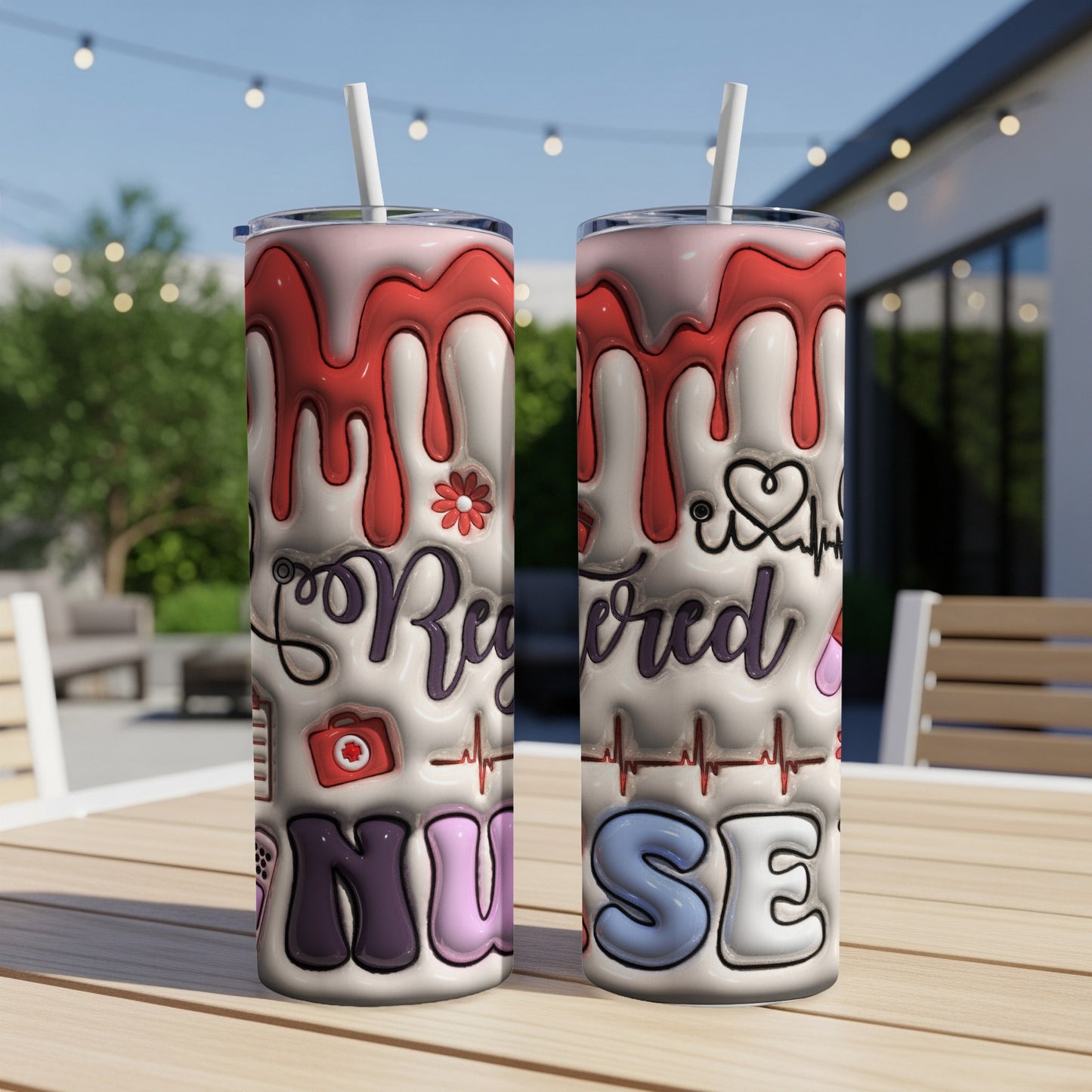 Registered Nurse tumbler with medical icons and drip design.