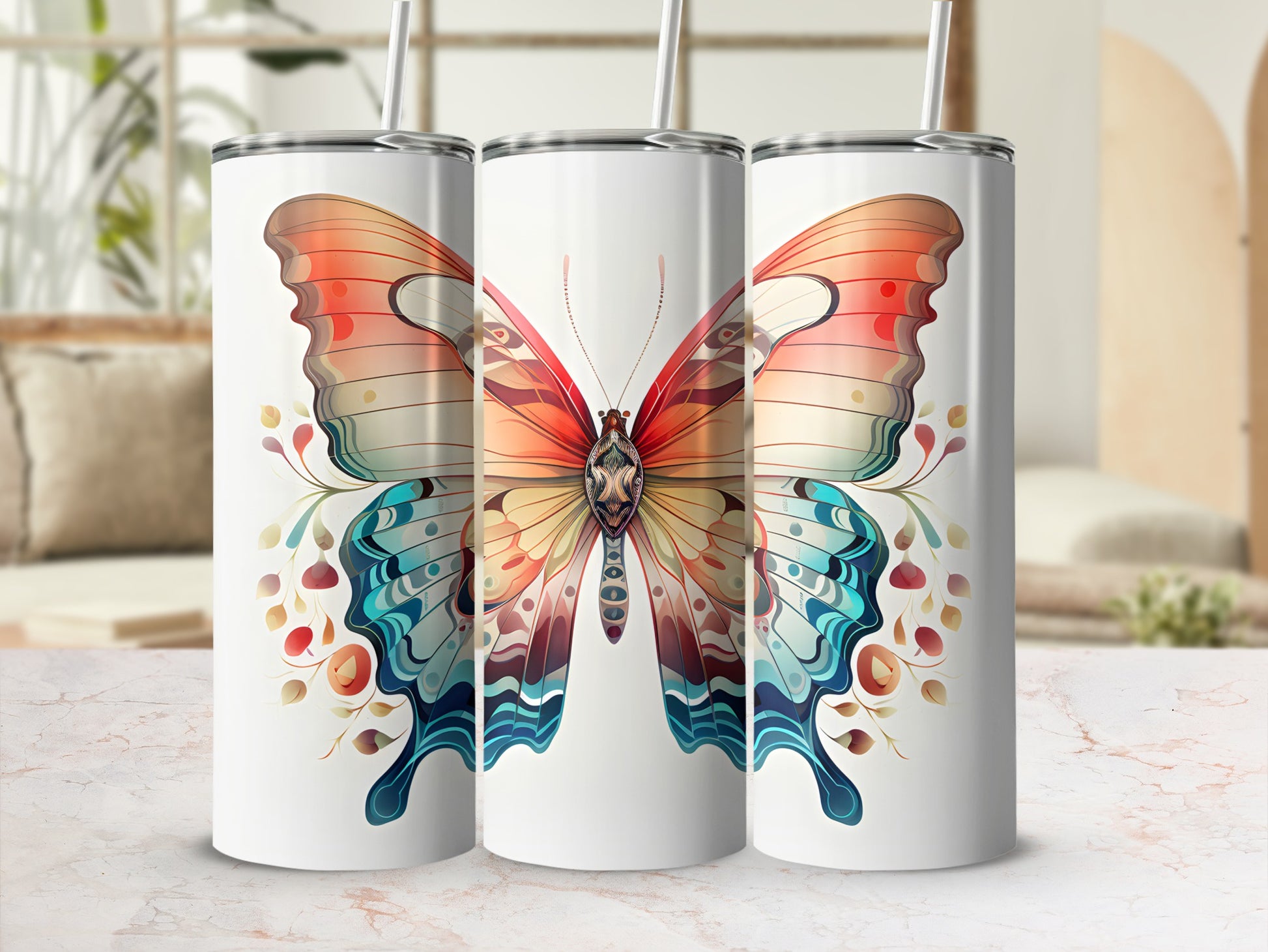 Three white tumblers with a colorful butterfly design.