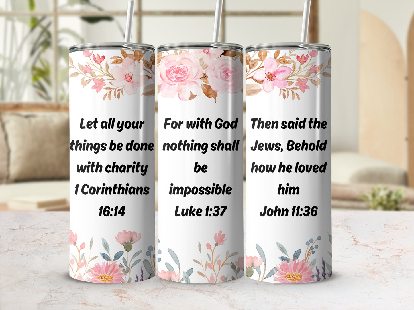 Inspirational Floral Quote Tumbler with Bible Verses