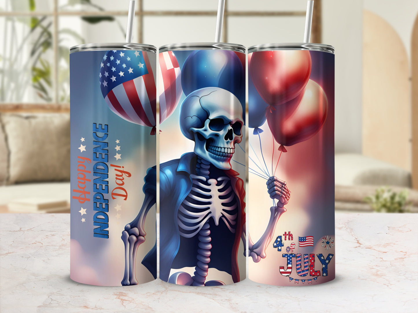 Skeleton in jacket holding balloons with "Happy Independence Day" and US flag design.