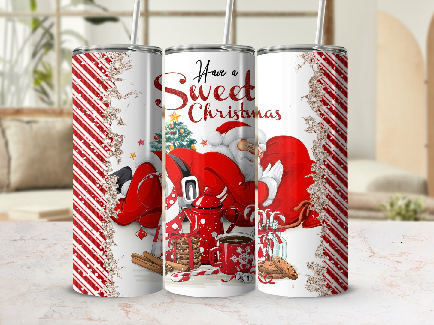 Three Santa Claus tumblers with festive Christmas designs and "Have a Sweet Christmas" text.