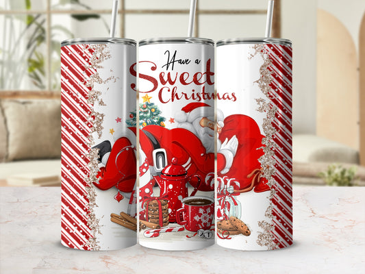 Three Santa Claus tumblers with festive Christmas designs and "Have a Sweet Christmas" text.