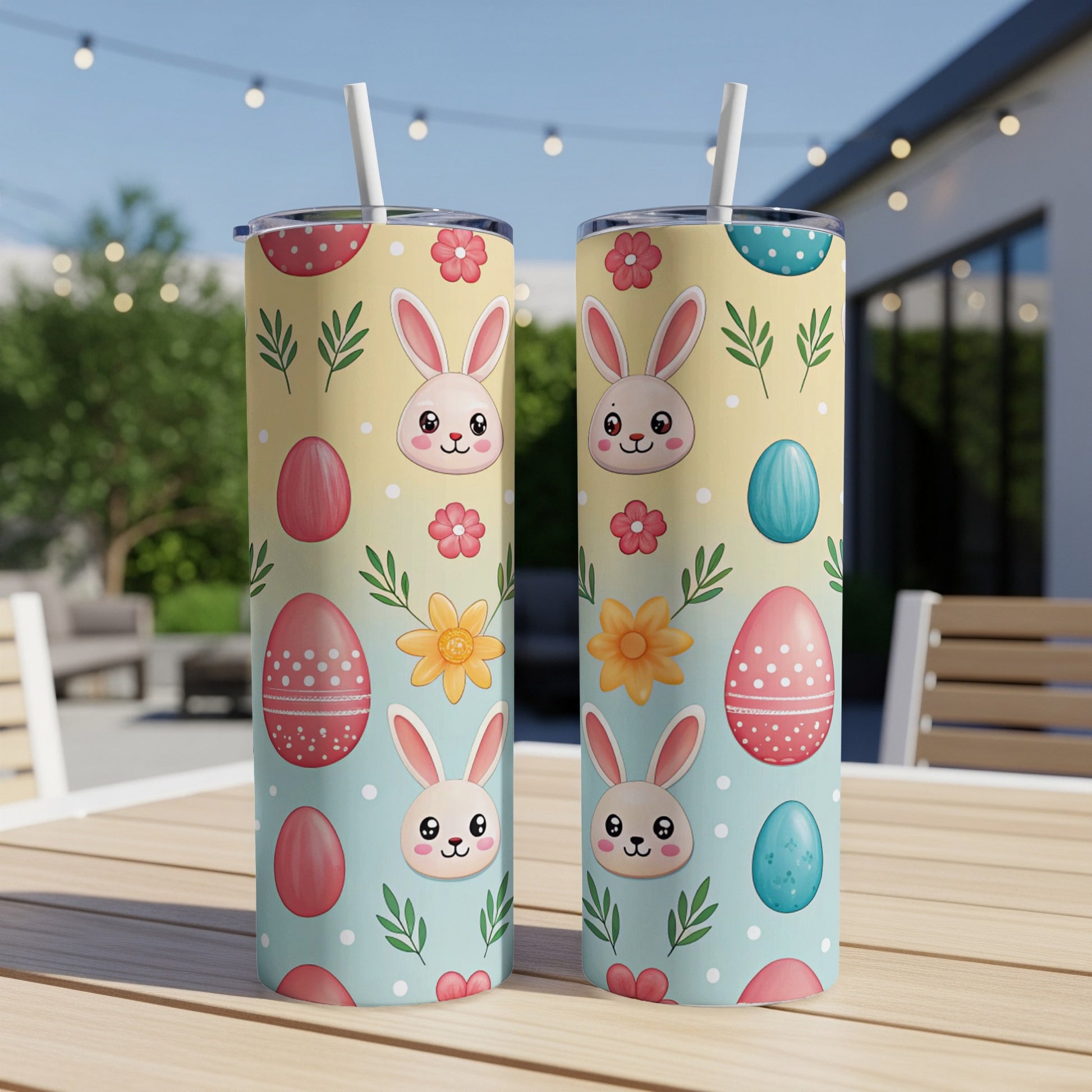 Two tall, insulated tumblers with Easter bunny and egg pattern.