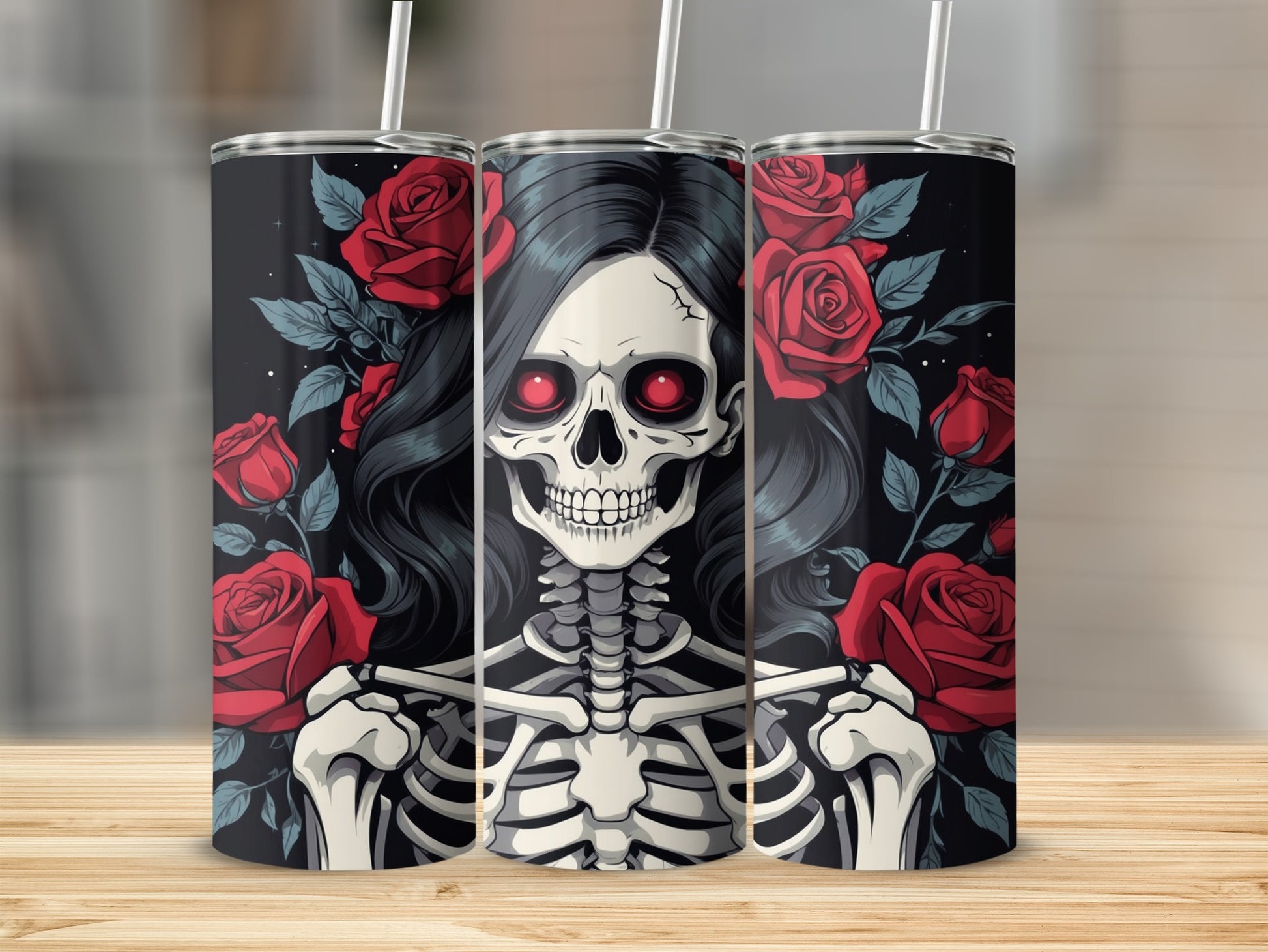 Skeleton woman with red eyes and roses on a dark background.