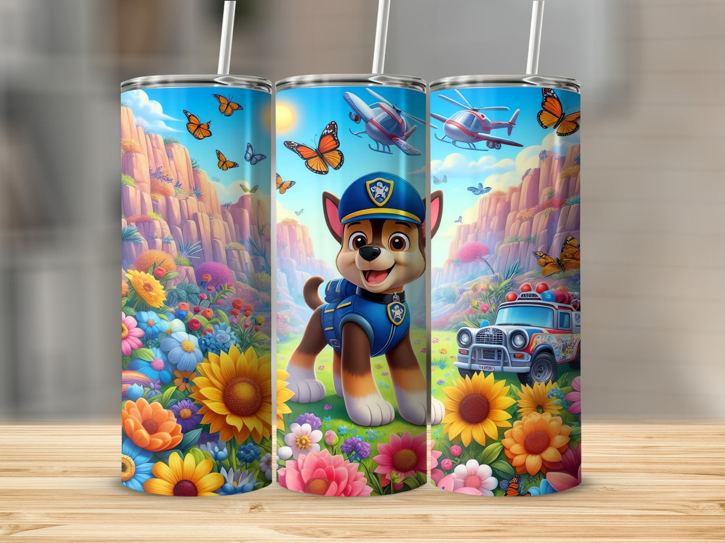 Colorful Cartoon Puppy and Flowers Tumbler Travel Mug