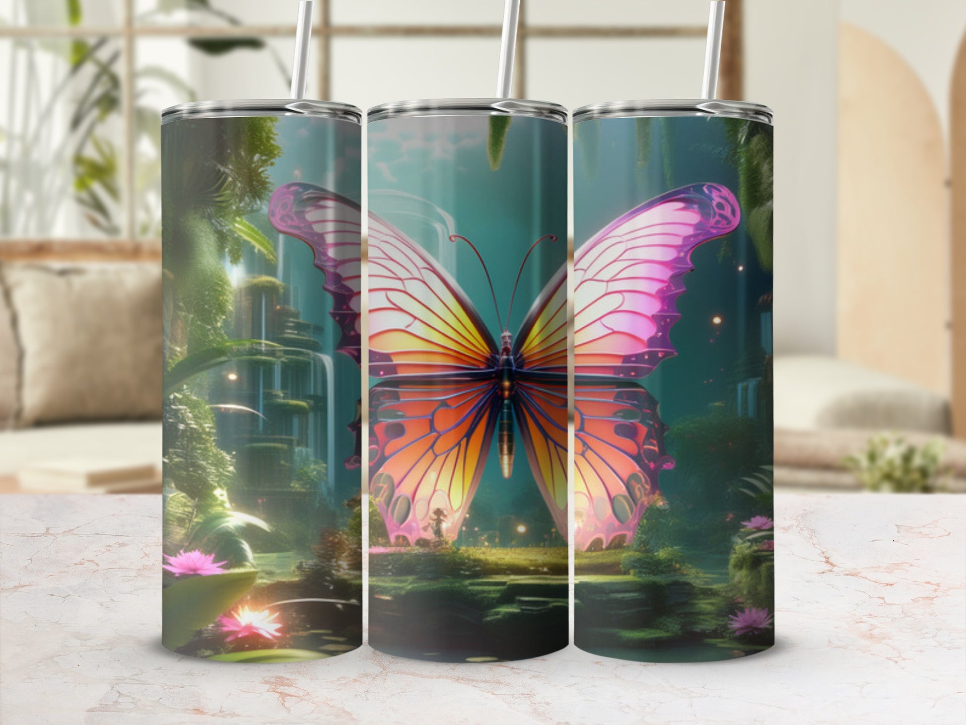 Butterfly in enchanted forest scene on a set of three tumblers.