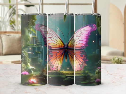 Butterfly in enchanted forest scene on a set of three tumblers.