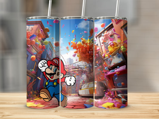 Vibrant Cartoon Character Tumblers with Cityscape Background