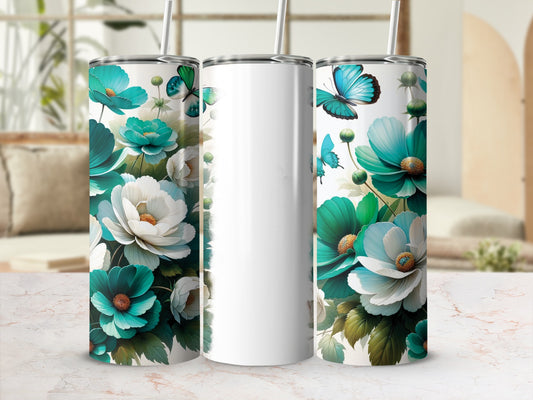 White tumbler with teal floral pattern and butterflies.