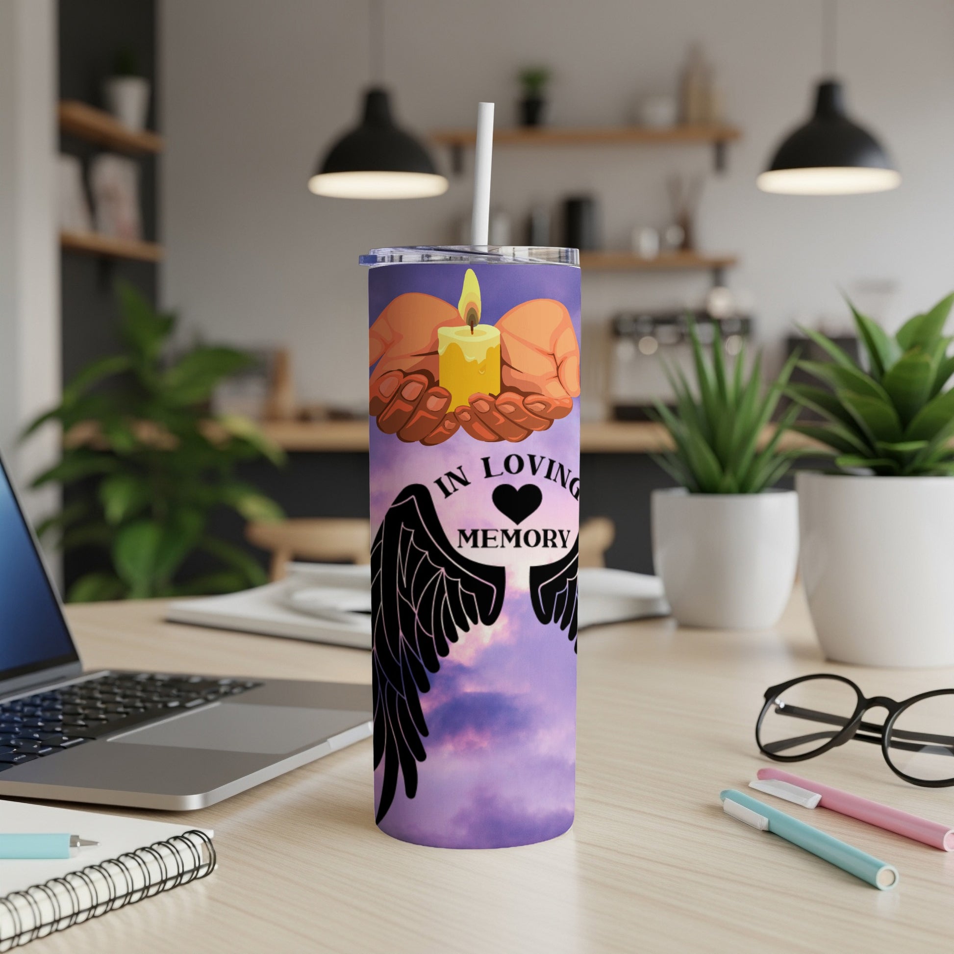 Tumbler with hands holding a candle, angel wings, and "In Loving Memory" text.
