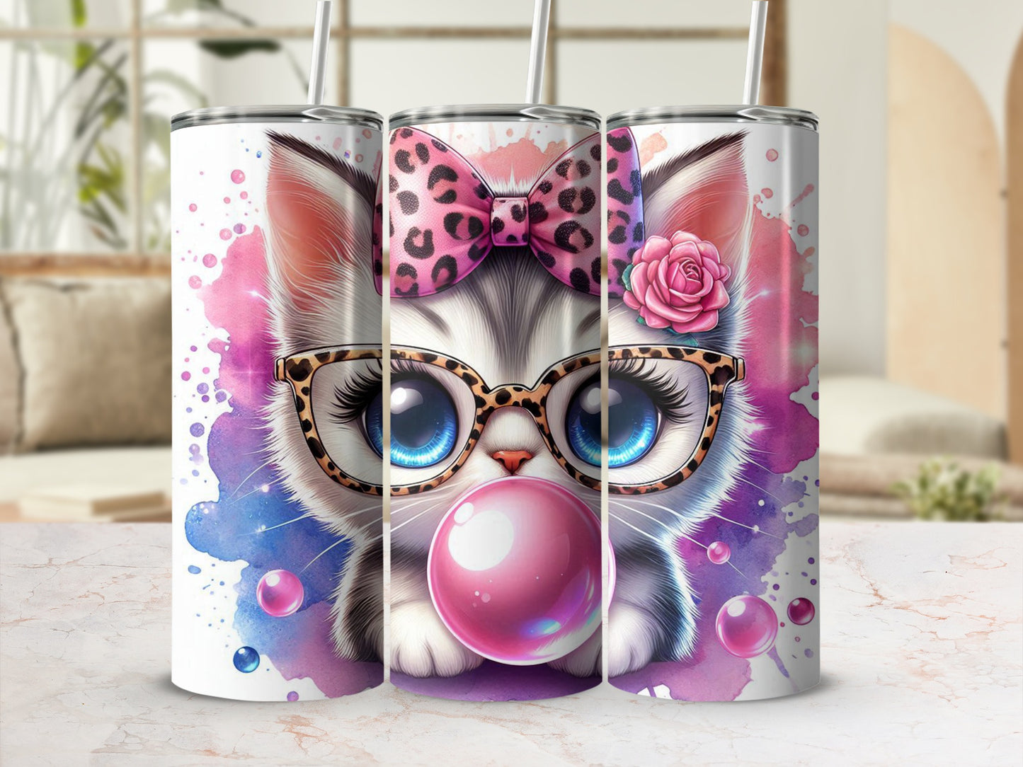 Cute Cat Glasses Bow Bubblegum Watercolor Tumbler product type