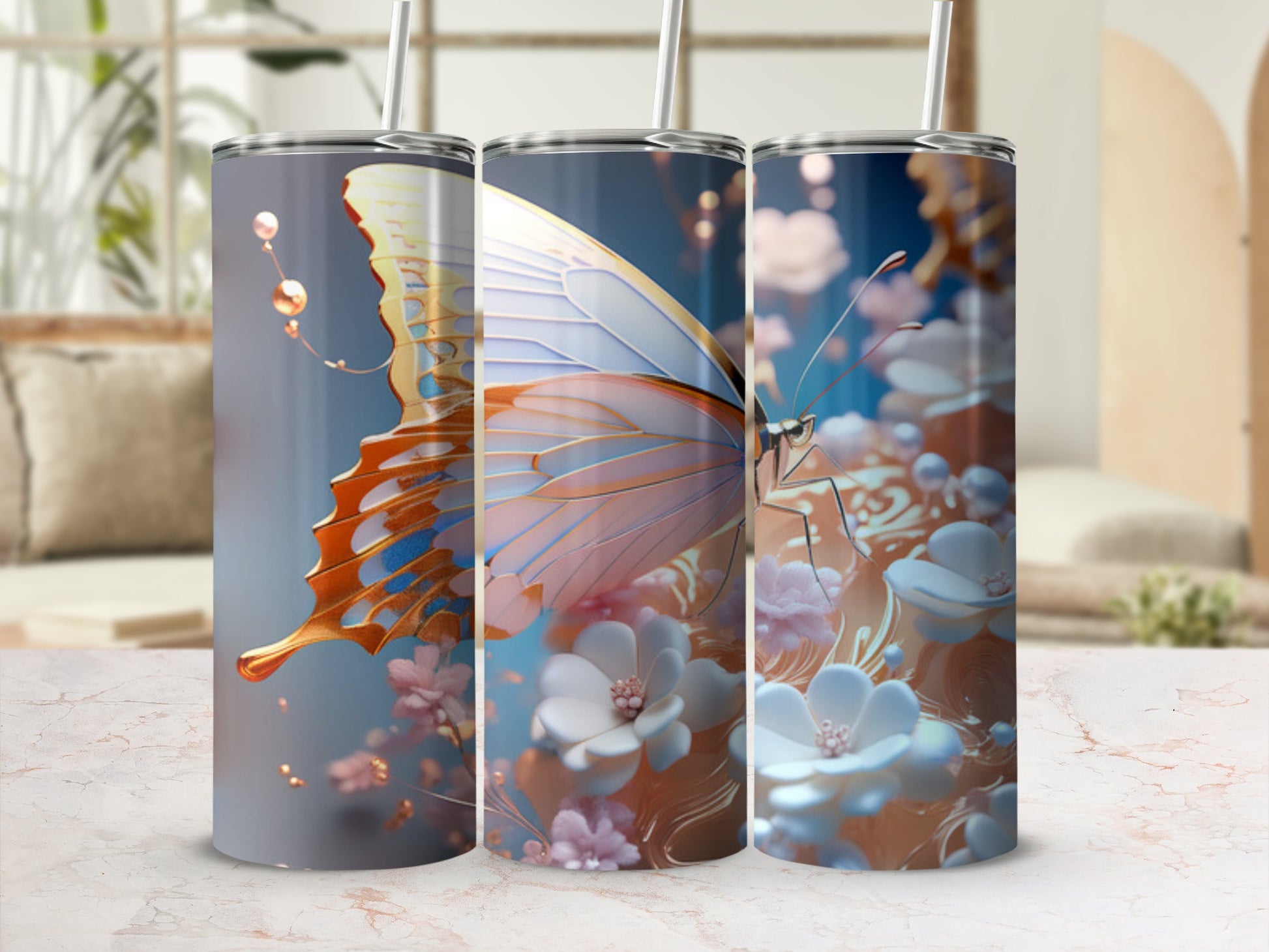 Triptych of a detailed butterfly with floral accents on a skinny tumbler.