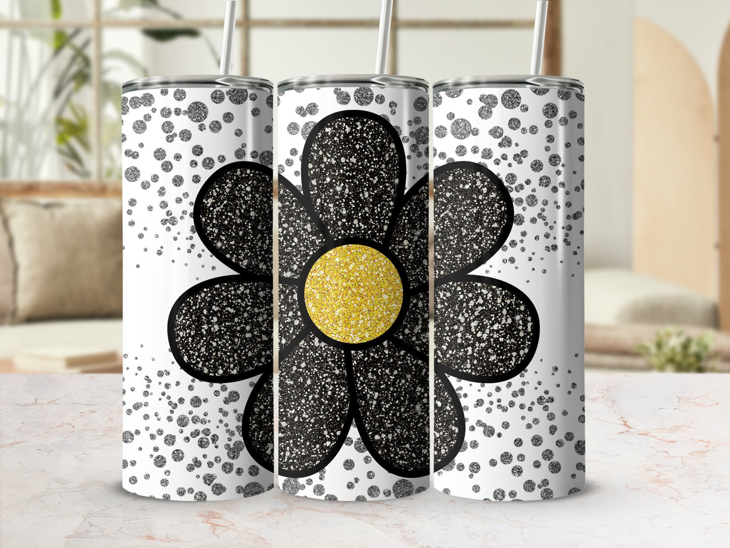 Glitter Black Flower Design Tall Tumbler Drinkware