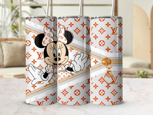 Minnie Mouse pattern on three tumblers with gold zipper charm and heart.
