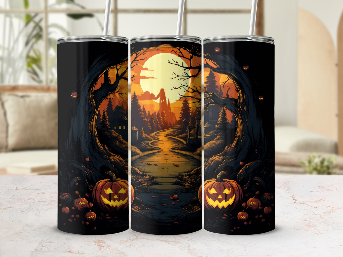 Three tumblers display a Halloween scene with pumpkins, a spooky forest, and a large moon.