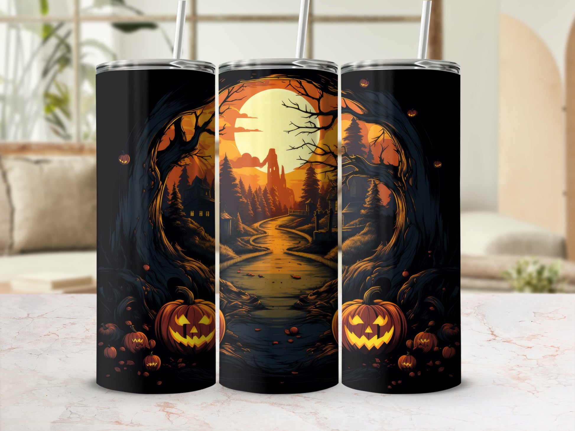 Three tumblers display a Halloween scene with pumpkins, a spooky forest, and a large moon.